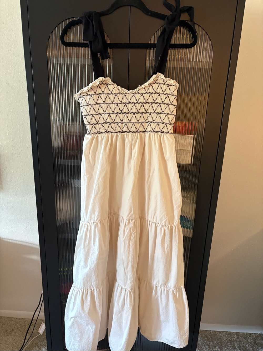 Beige Tiered Shirred Bodice Midi Dress with Black Tie Straps